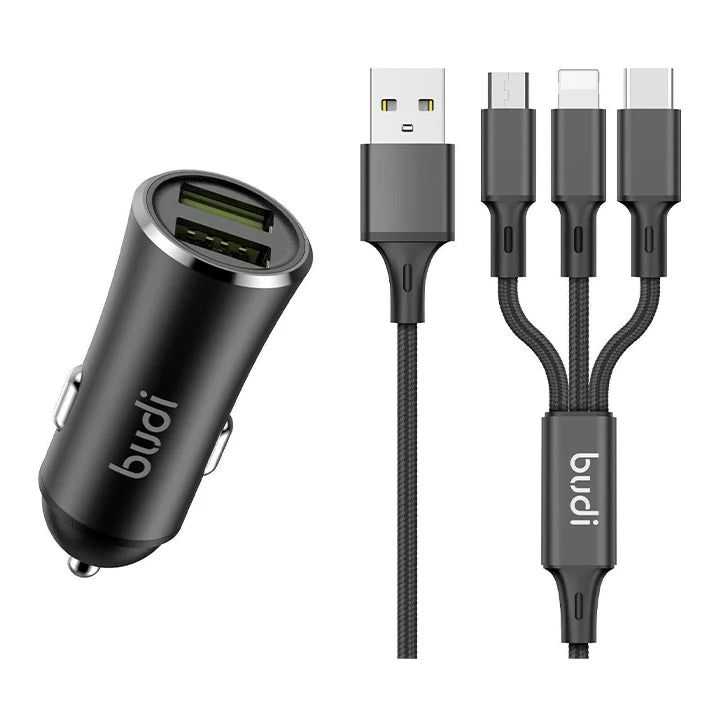 USB Car Charger with Dual USB-A Ports and a 3-in-1 cable By Budi