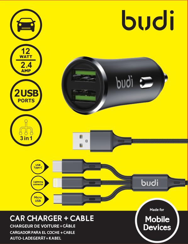 USB Car Charger with Dual USB-A Ports and a 3-in-1 cable By Budi