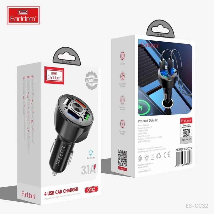 ES-CC32 4-Ports USB Car Charger QC3.1 Fast Charging By Earldom