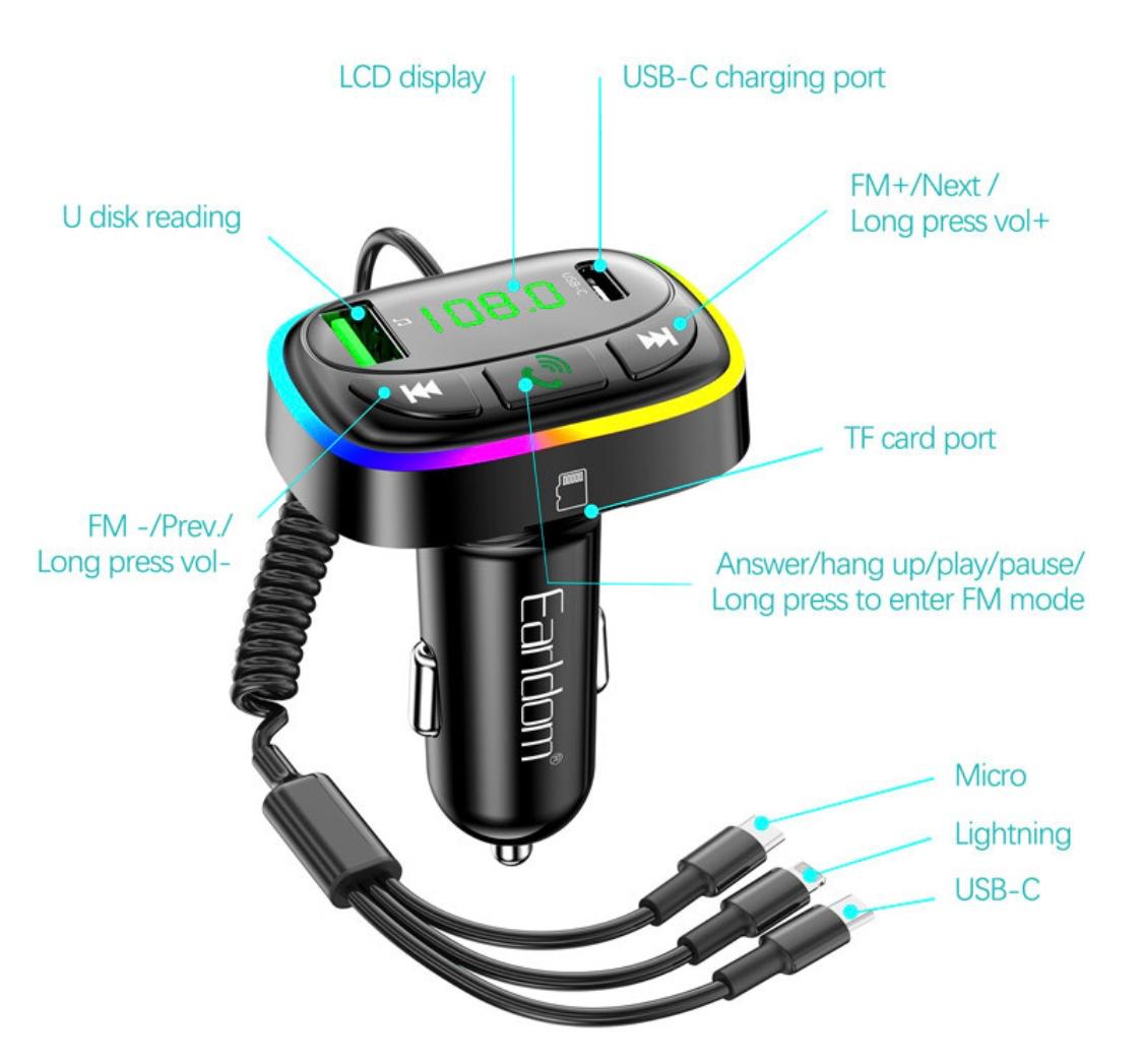 ET-M105 FM Bluetooth Transmitter With Fast Car Charger & Music Player Hands Free Calling By Earldom