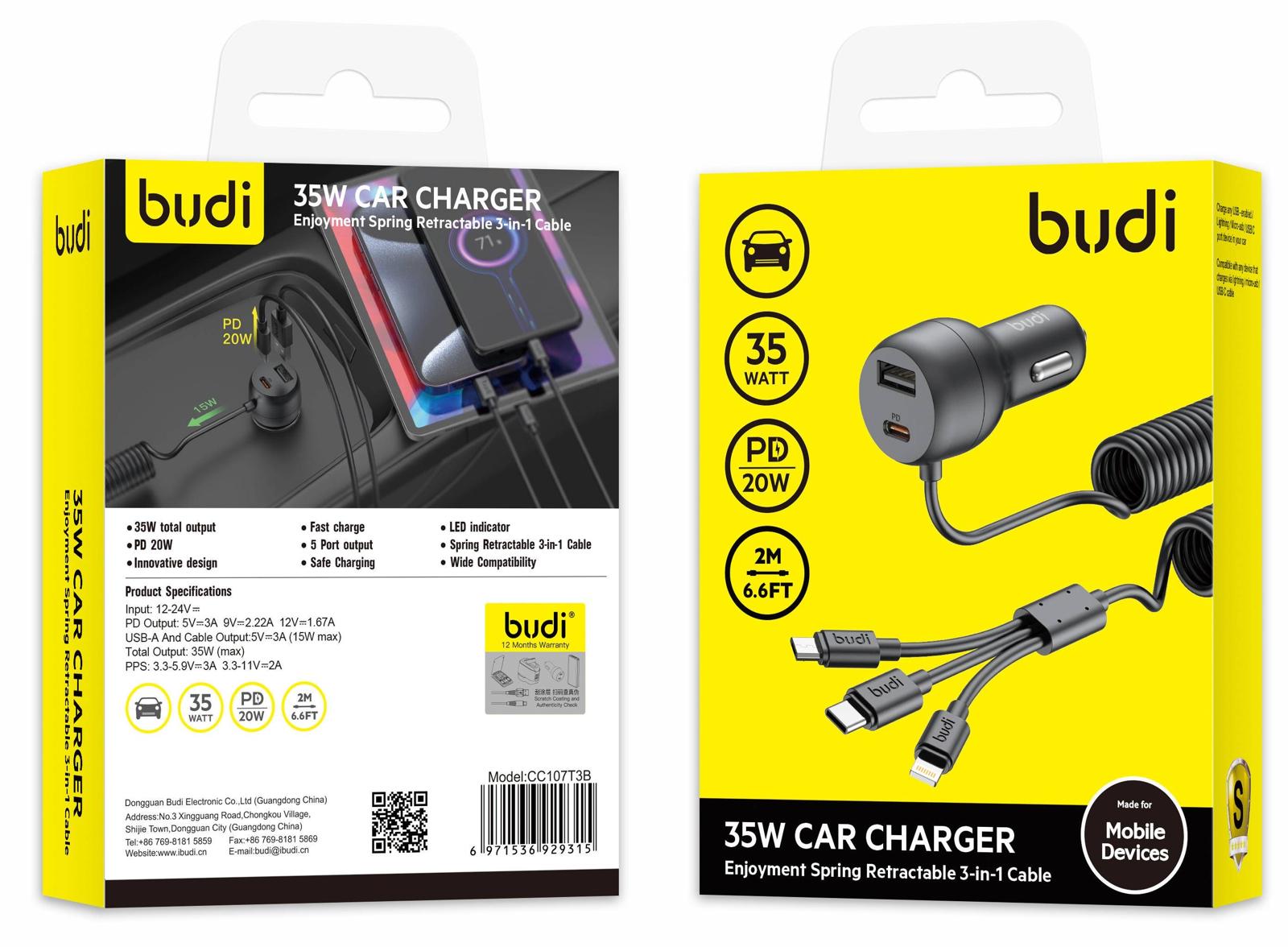 35W Car Charger with 3-in-1 Cable By Budi