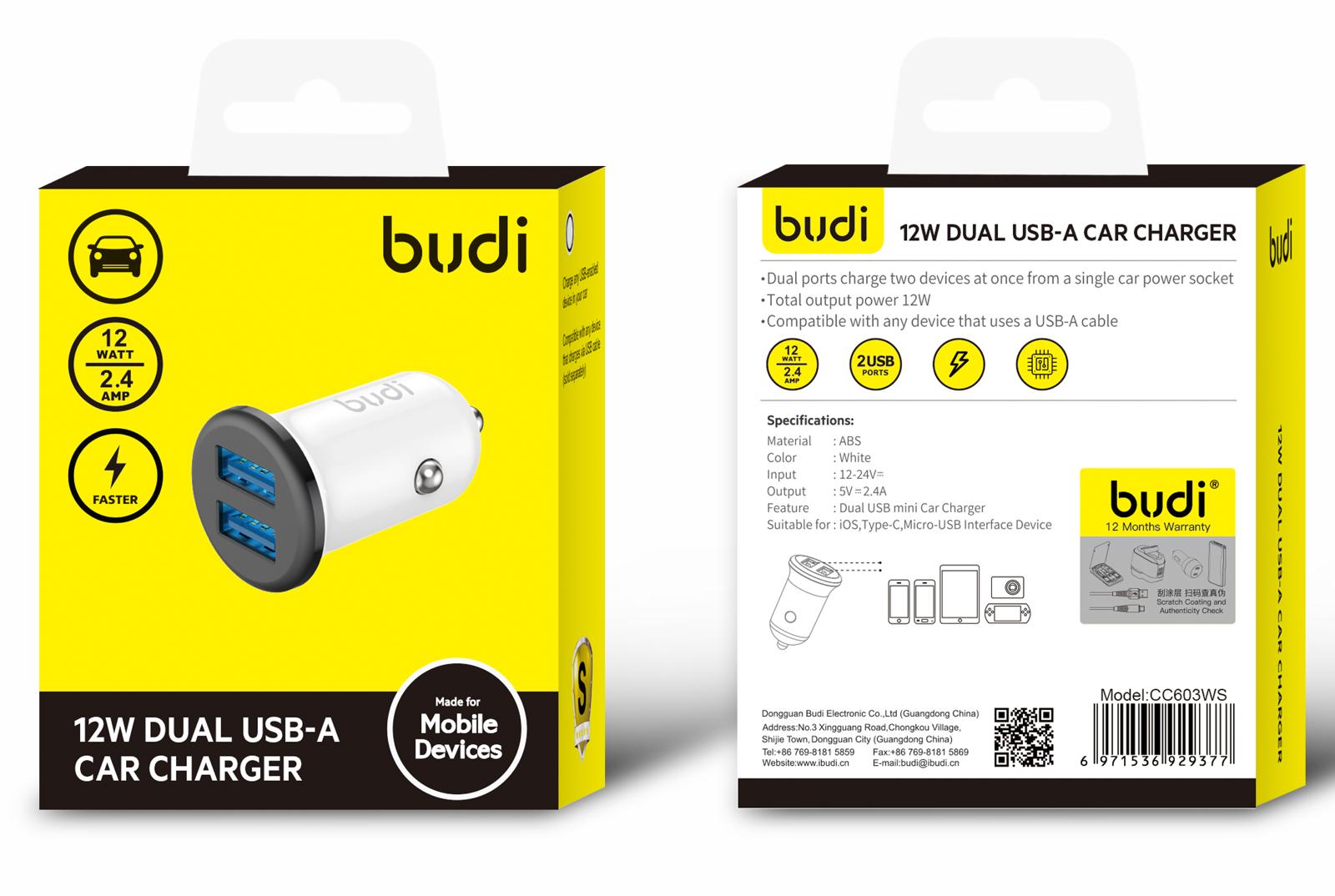 12W Dual USB-A Car Charger By Budi